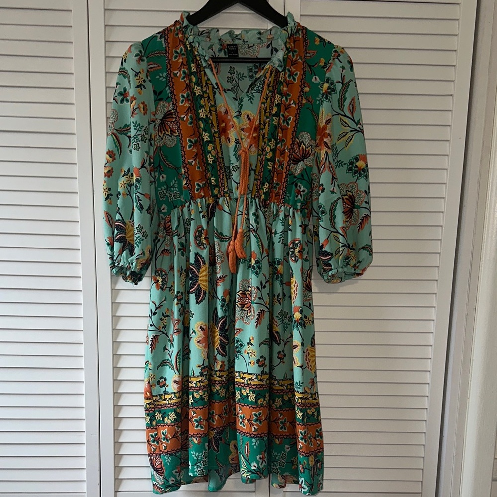 Vibrant Floral Midi Dress in Teal and Orange